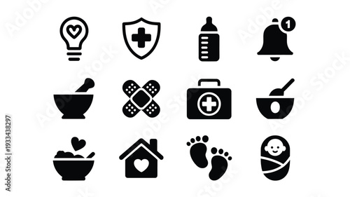 A collection of 13 black and white medical icons on a clean white background, featuring symbols for healthcare, wellness, and baby care in a simple flat design style.