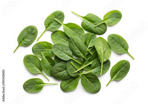 Fresh green spinach leaves pile close-up on white background healthy food nutrition