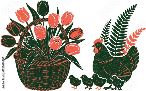 Vintage Linocut Easter Basket with Coral Tulips and Hen with Chicks Illustration on White Background for Farmhouse Spring Decor