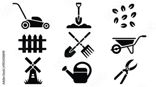 A set of black vector icons featuring various gardening tools and equipment on a white background, ideal for landscaping and gardening concepts.