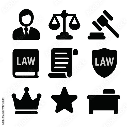 Law icons: scales, gavel, legal book, and justice symbols for attorneys
