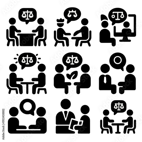 Legal consultation and decision-making icons for digital use