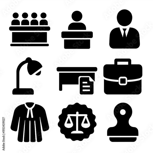 Legal and justice icons set featuring scales, briefcase, and courtroom symbols
