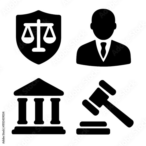 Legal symbols on black background featuring gavel, scales, judge, and court