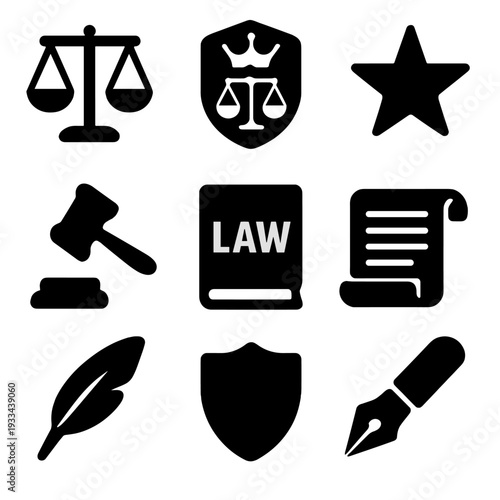 Legal icons set: law, justice, and court symbols collection