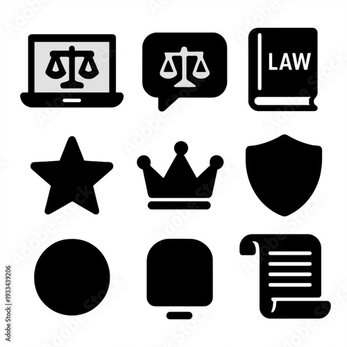 Legal icons set featuring scales, law book, shield, and crown
