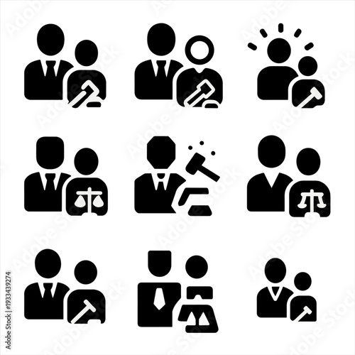 Set of legal icons: judge, lawyer, scales, gavel, and courtroom symbols