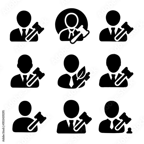 Lawyer icon set: nine diverse legal professional symbols