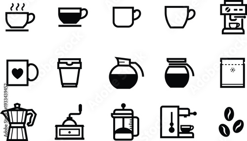 Coffee icons collection featuring various cups, machines, and beans