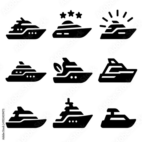 Black yacht icons collection featuring boats with stars and sunbursts