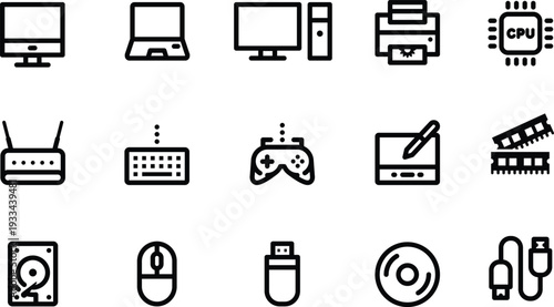 Outline computer hardware icons set for technology and electronic device concepts collection.