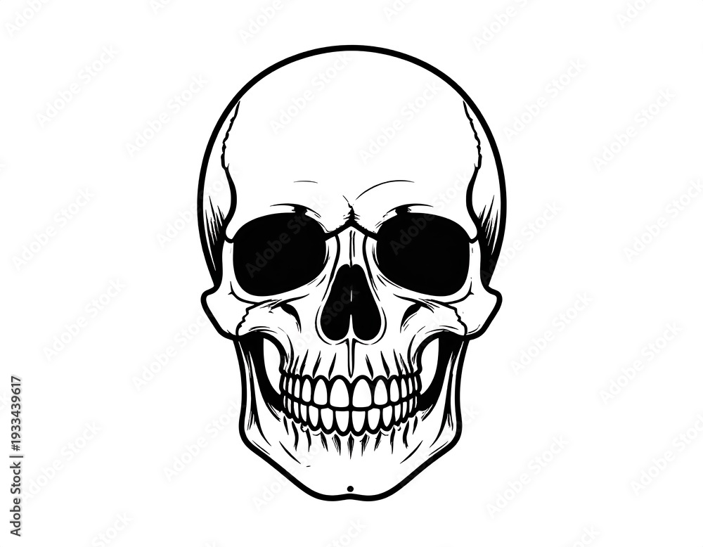Obraz premium Frontal view of a stylized skull. Black and white, with solid black eye sockets