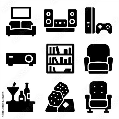 Minimalist home entertainment icons: furniture, tech, leisure, games, movies