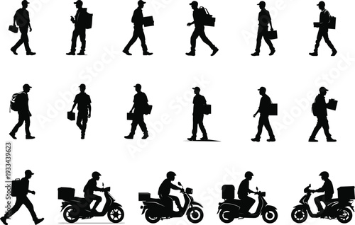 Delivery service workers silhouettes showing various transportation and package handling activities.