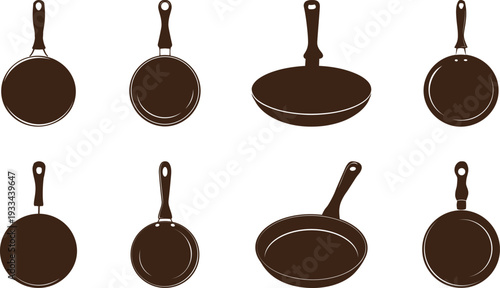 Frying pans and skillets flat vector icons set for kitchen design