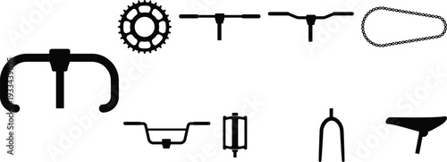 Bicycle parts collection flat black and white vector icons