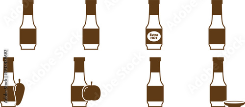 Collection of sauce bottles icons set for barbecue and hot condiments design