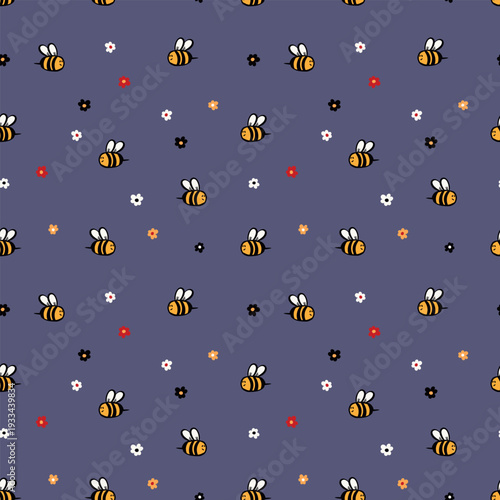 Seamless pattern with bees. Small wasp. Vector illustration. Design for invitation, cards, textile, fabric. Doodle style.