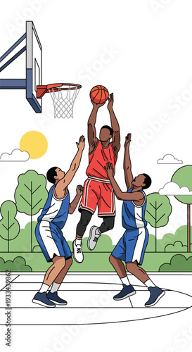 Three male basketball players compete on an outdoor court, with one player jumping to dunk the ball against two defenders.