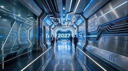 People walking in futuristic corridor with glowing 2027 gateway. 2027 future technology concept.