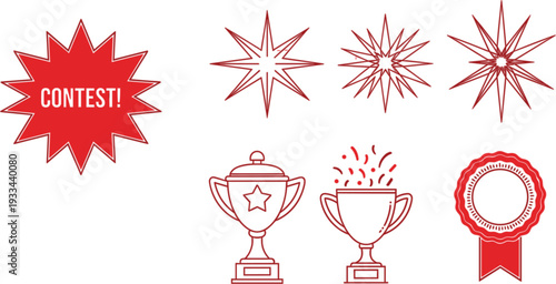 Red contest promotion icon set featuring starburst burst labels trophy awards and achievement ribbons for marketing and competition event designs.