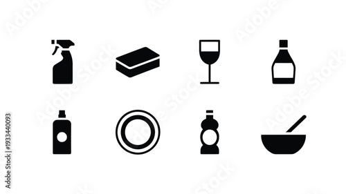 A clean and simple vector illustration featuring various household items, including cleaning supplies and dishware, in a flat design style, perfect for commercial use.