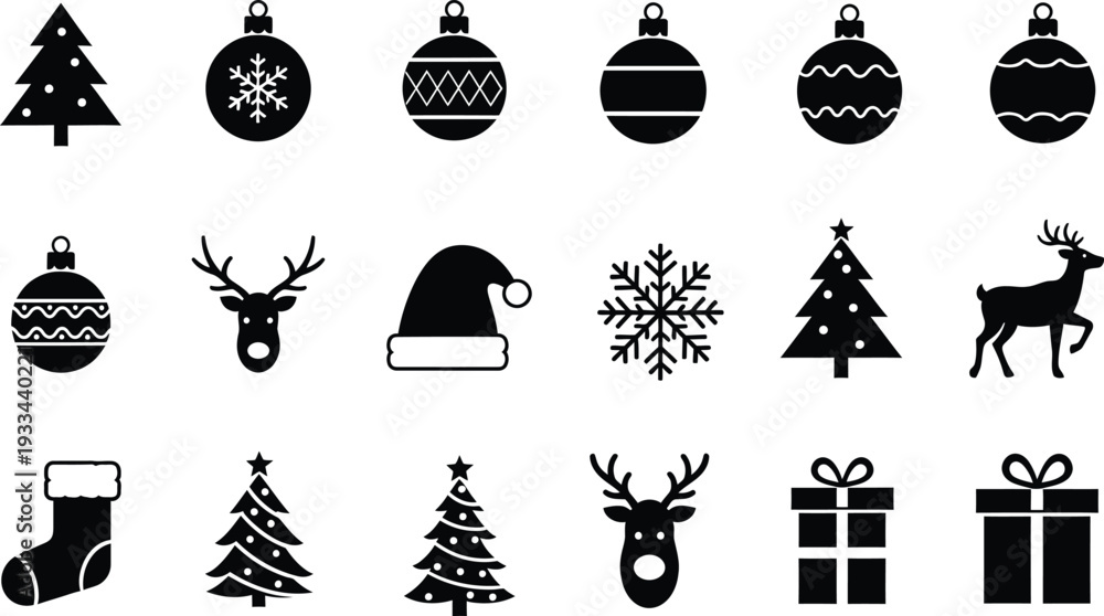 Naklejka premium Black and white christmas holiday icon set featuring trees reindeer baubles and gift boxes