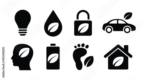A set of eco-friendly icons featuring leaf symbols in a flat design style, representing environmental concepts, vector illustration.