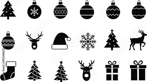 Black and white christmas holiday icon set featuring trees reindeer baubles and gift boxes