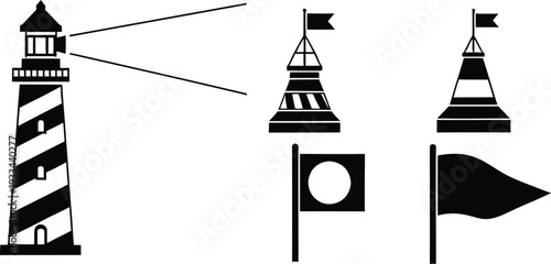 Black and white illustration of a lighthouse with various maritime signaling symbols and flags.