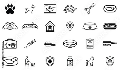 Pet Care and Veterinary Outline Icon Set – Dog, Cat, Paw, Collar, Bowl and Animal Health Linear Vector Collection