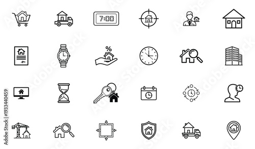 Smart Home and Security Outline Icon Set – CCTV, Alarm, Lock, GPS, Timer and House Protection Linear Vector Collection