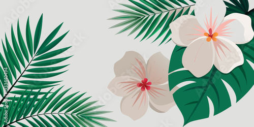 Tropical foliage and hibiscus flowers are featured in this, vector