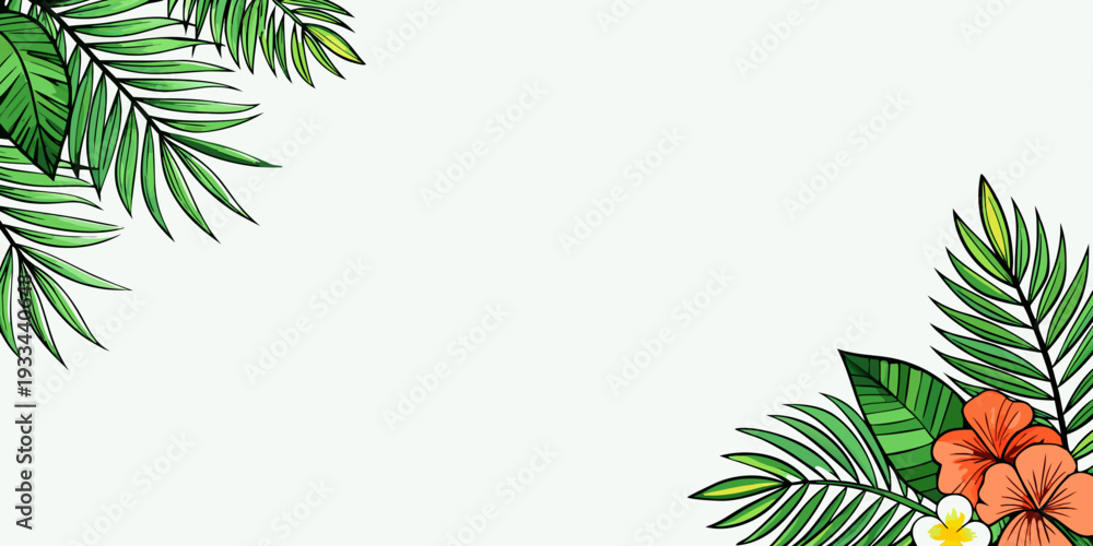 Fototapeta premium Tropical border features palm leaves and hibiscus flowers, vector
