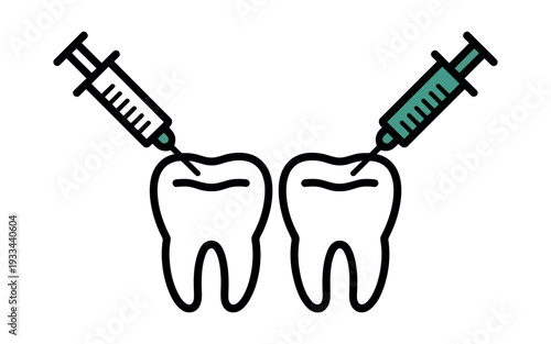 Two teeth are being injected with syringes, representing dental treatment.