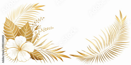 Elegant golden tropical leaves and flower border, vector
