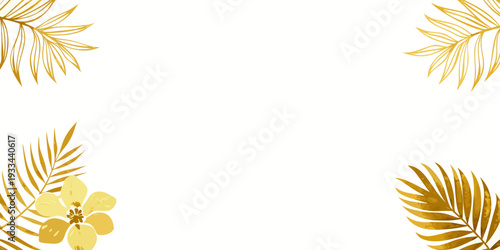 Elegant golden tropical leaves and hibiscus flower, vector