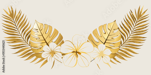Elegant golden tropical leaves and white plumeria flowers, vector