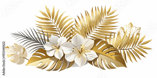 Elegant golden tropical floral arrangement with white lilies, vector