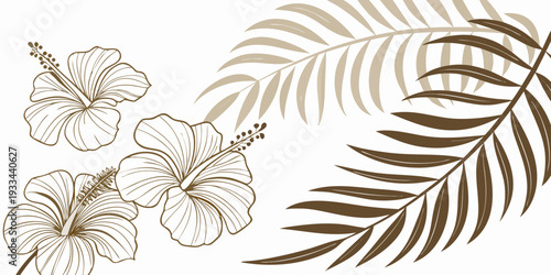 Elegant tropical hibiscus flowers and palm leaves are shown in line art, vector