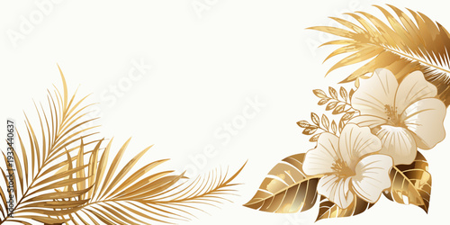 Elegant golden tropical leaves and hibiscus flowers are featured in this, vector
