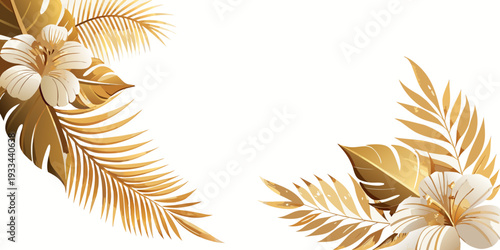 Elegant golden tropical leaves and hibiscus flowers, vector