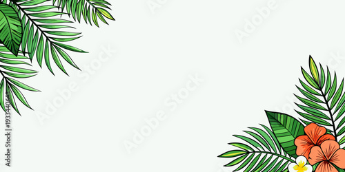 Tropical border features palm leaves and hibiscus flowers, vector