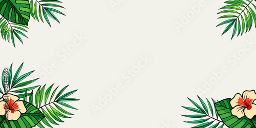 Tropical leaves and hibiscus flowers form a decorative frame in this, vector