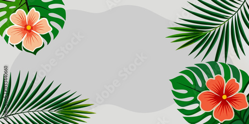 Tropical summer frame with exotic leaves and hibiscus flowers, vector