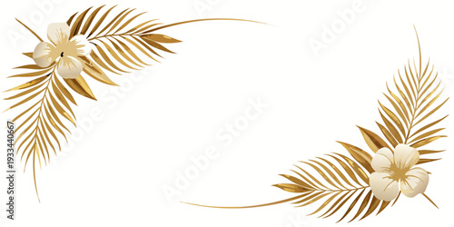 Elegant golden palm leaves and hibiscus flowers decorative frame, vector