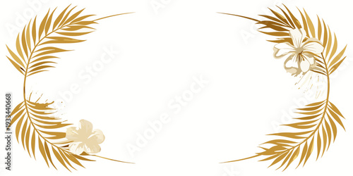 Elegant tropical frame with golden palm leaves and white frangipani flowers, vector