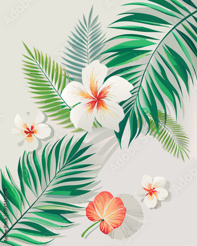 Tropical palm leaves and exotic flowers illustration, vector