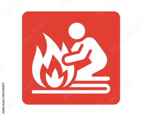 A fire safety sign depicting a person escaping from flames in a controlled environment.