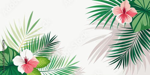 Tropical banner with palm leaves and hibiscus flowers, vector